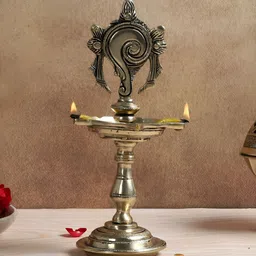 Two Moustaches White Shankh Design 5 Oil Wick Brass Diya-image-77
