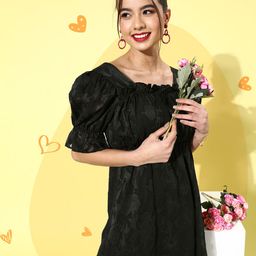 KASSUALLY Stylish Black Floral Puff Sleeves Dress-image-20