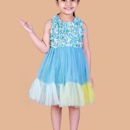 LIL DRAMA Girls Blue & Yellow Fit and Flare Net Dress-picture-58