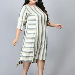 PrettyPlus by Desinoor.com Plus Size Green & White Striped A-Line Midi Dress image 3