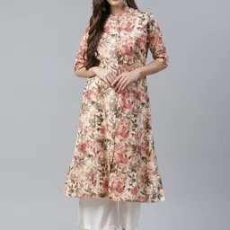 Divena Women Cream & Peach-Coloured Cotton Floral Print A-Line Kurta-11