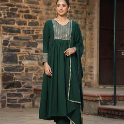 AHIKA Green Yoke Design Sequinned Anarkali Kurta with Trousers & Dupatta-6