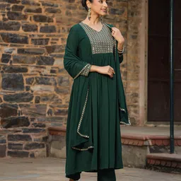 AHIKA Green Yoke Design Sequinned Anarkali Kurta with Trousers & Dupatta image 5