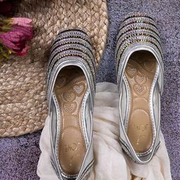 Jove Women Square Toe Ethnic Embellished Fabric Mojaris-30
