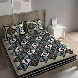 Spangle Grey & White Ethnic Motifs 260 TC Cotton King Bedsheet with 2 Pillow Covers-image-23