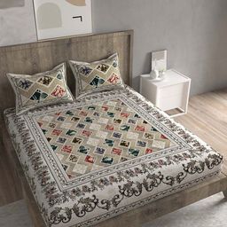 Spangle Beige & Green Ethnic Motifs 260 TC Cotton King Bedsheet With 2 Pillow Covers-image-87