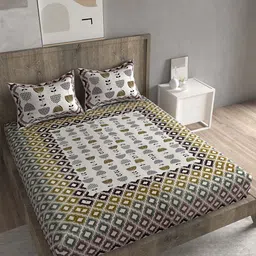 Spangle Cream-Coloured & Mustard Ethnic Motifs 260 TC King Bedsheet With 2 Pillow Covers-6