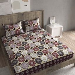 Spangle Cream & Brown Geometric 260 TC Cotton King Bedsheet with 2 Pillow Covers-image-66