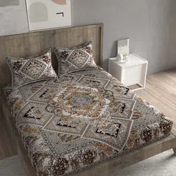 Spangle Brown & Beige Ethnic Motifs 260 TC Cotton King Bedsheet With 2 Pillow Covers-image-61