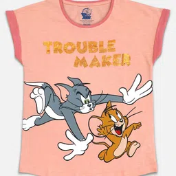 Kids Ville Girls Pink & Yellow Tom & Jerry Printed Extended Sleeves Pure Cotton T-shirt-image-91