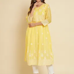 HERE&NOW Yellow & White Ethnic Motifs Chikankari Embroidered Anarkali Georgette Kurta-image-30