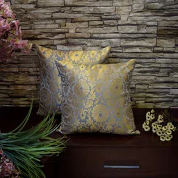 RoyalDeco Mughal Banarasi Grey & Gold-Toned 2 Pieces Ethnic Brocade Square Cushion Covers-40