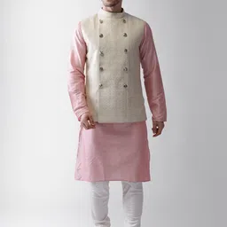 KISAH Men Cream-Coloured Regular Kurta with Pyjamas & Jacket-picture-4