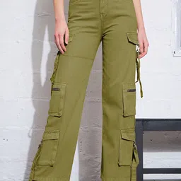 SASSAFRAS Women Olive Green Straight Fit High-Rise Clean Look Pure Cotton Cargo Jeans-picture-46