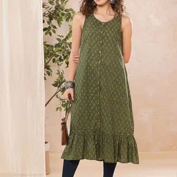 Globus Green & Gold Toned Floral Printed Gotta Patti Indie Prints A-Line Kurta-picture-48