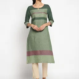 AURELIA Women Green Geometric Woven Design Cotton Kurta-image-52