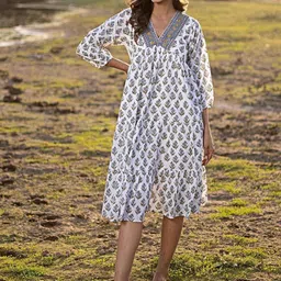 Anni Designer Floral Printed V-Neck A-Line Midi Ethnic Dress-image-38