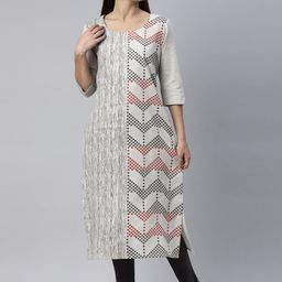 Marcia Women Grey Ethnic Motfit Printed Three Quarter Sleeves Calf length Kurta-image-69