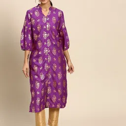 Sangria Women Purple & Golden Ethnic Motifs Printed Puff Sleeves Kurta-image-59