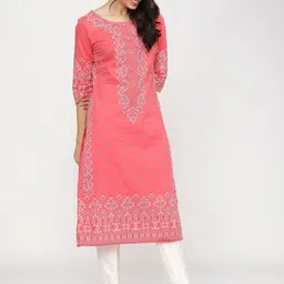Vishudh Women Pink & White Geometric Printed Cotton Kurta-38