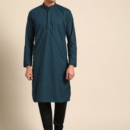 RAJUBHAI HARGOVINDAS Men Teal Embroidered Chikankari Pastels Kurta-40