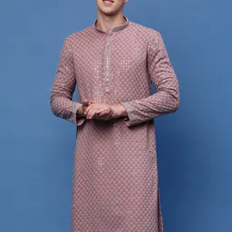 Sanwara Geometric Embroidered Sequins Mandarin Collar Cotton Kurta-13