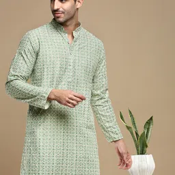 Anouk Green Floral Printed Sequinned Mandarin Collar Cotton Straight Kurta-image-59