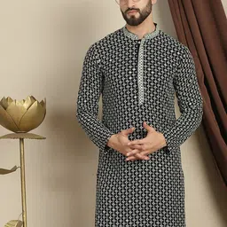 Anouk Geometric Printed Mandarin Collar Thread Work Long Sleeves Cotton Kurta-12