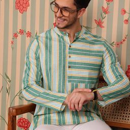 Ode by House of Pataudi Striped Printed Cotton Short Kurta-image-90