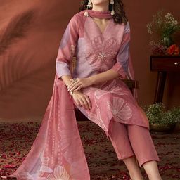 Anouk Mauve Ethnic Motifs Embroidered Beads & Stones Linen Kurta with Trousers & Dupatta-picture-35