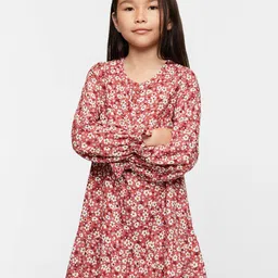Mango Kids Girls Dusty Rose Pink & White Floral Print Sustainable A-Line Dress-image-39