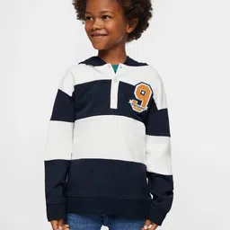 Mango Kids Boys White Pure Cotton Striped Hooded Sustainable Sweatshirt-image-96