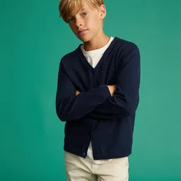 Mango Kids Boys Navy Blue Solid Sustainable Cardigan-picture-57