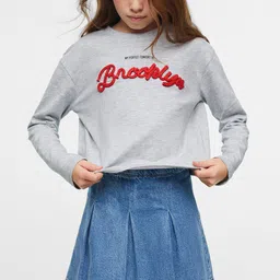 Mango Kids Girls Grey Melange & Red Applique Detail Sustainable T-shirt-image-36