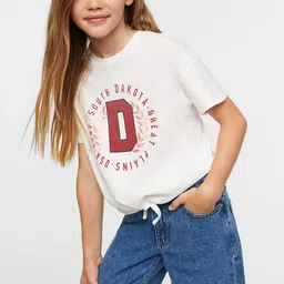 Mango Kids Girls White & Maroon Pure Cotton Graphic Printed Drop-Shoulder Sleeves T-shirt-image-59