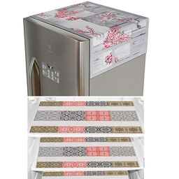 Dakshya Industries Grey & Red Floral Printed Waterproof Fridge Cover With 3 Fridge Mats-image-111
