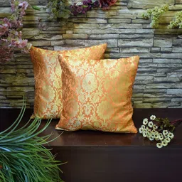 RoyalDeco Mughal Banarasi Orange 2 Pieces Ethnic Motifs Brocade Square Cushion Covers-44