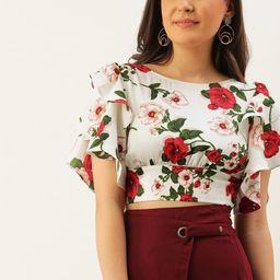 Berrylush White & Red Floral Printed Flutter Sleeves Styled Back Crop Top-24
