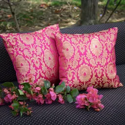 RoyalDeco Pink 2 Pieces Ethnic Motifs Zari Brocade Silk Square Cushion Covers-55