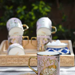 Femora Fine Gold-Toned & Pink 6 Pieces Peacock Pattern Bone China Glossy Cups 180 ml Each-28