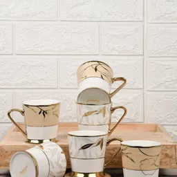 Femora Fine White & Gold-Toned 6 Pieces Floral Leaves Printed Bone China Cups 200 ml Each-37