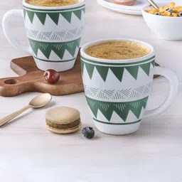 Larah by BOROSIL White & Green 2 Pcs Geometric Printed Opalware Matte Mugs-400 ML Each image 1