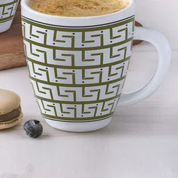 Larah by BOROSIL White & Green Geometric Printed Opalware Matte Mug - 400 ML image 1