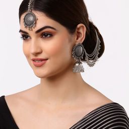 Arrabi Metallic Oxidised Kundan Studded Maang Tika & Earrings Set-image-90
