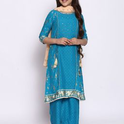 AURELIA Girls Blue Floral Printed Panelled Kurta with Palazzos & With Dupatta-image-55