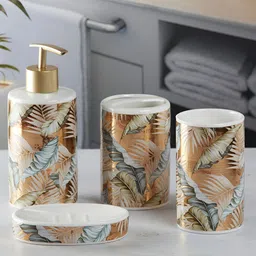 Kookee White & Gold Toned 4 Pieces Ceramic Cylindrical Shaped Bath Accessories Set-30