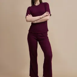 Roadster BURGUNDY Self Design Round Neck Pure Cotton Top With Trousers-picture-10