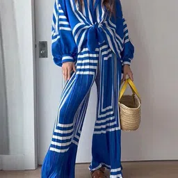 StyleCast x Revolte Blue Striped Cuffed Sleeve Top with Palazzos-picture-40