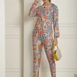 Indian Needle Ethnic Motifs Printed V-Neck Top With Notched Lapel Collar Jacket-8