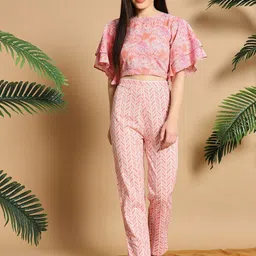 Meeranshi Round Neck Printed Pure Cotton Crop Top With Trouser-31